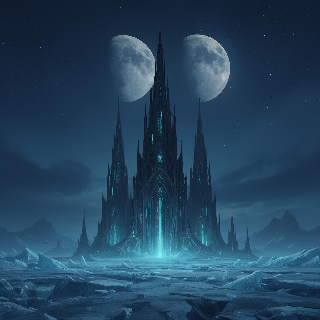 Gothic alien spires beneath twin moons